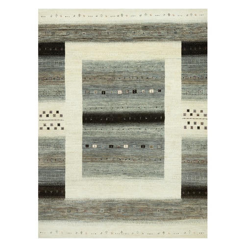 Dover White, Thick and Plush, Pure Wool, Hand Knotted, Lori Buft Gabbeh with Small Animal and Human Figurines, Modern and Striae Design, Oriental 