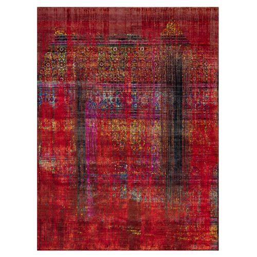 La Fonda Fireberry Red, Wool and Silk, Broken and Erased Persian Influence Design, Vibrant Colors, Hand Knotted, Oriental Rug