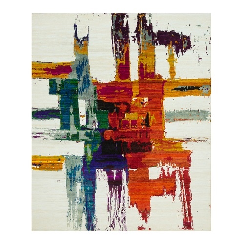 Navajo White, Hand Knotted Wool and Sari Silk, Colorful Modern Abstract Motifs with Painter's Brush Strokes, Oriental Rug