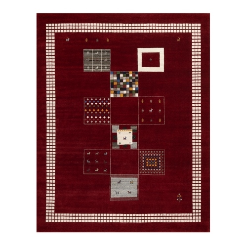 Sangria Red, Modern, Thick and Plush, Hand Knotted, Lori Buft Gabbeh with Small Animal Figurines, Soft Wool, Oriental Rug