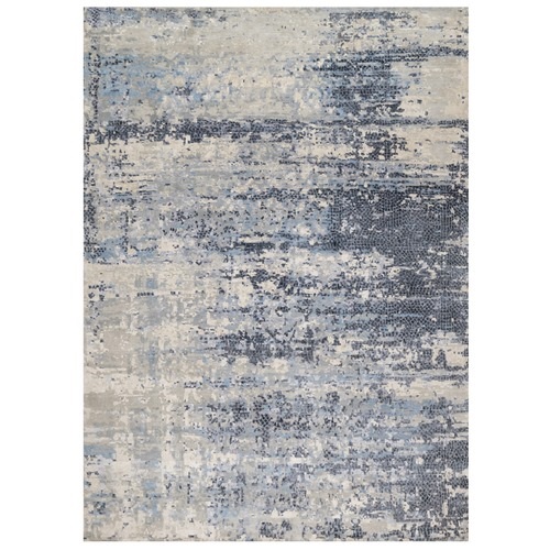 Blue and Gray, Modern Abstract with Mosaic Design, Wool and Silk, Hand Knotted, Oriental Rug