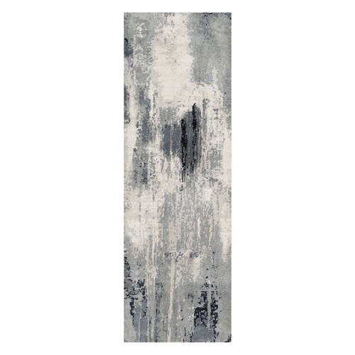 Charcoal Black with Pearl White, Abstract Design, Hand Knotted, Soft to Touch, Wool and Silk, Runner Oriental 