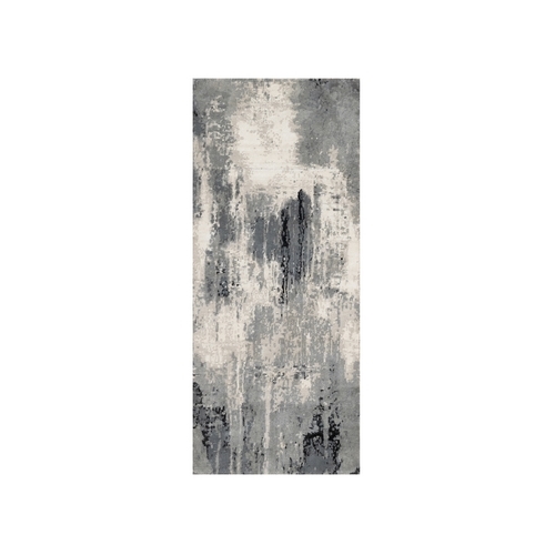 Sable Black with Parchment White, Abstract Design, Wool and Silk, Hand Knotted, Soft to Touch, Runner Oriental Rug