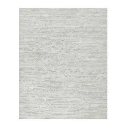 Platinum Gray, Hand Spun, Undyed Natural Wool, Modern Design, Cut and Loop Pile, Hand Knotted, Oriental Rug