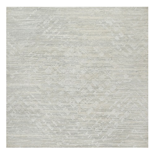 Platinum Gray, Modern Design, Hand Spun, Undyed Natural Wool, Cut and Loop Pile, Hand Knotted, Square Oriental Rug