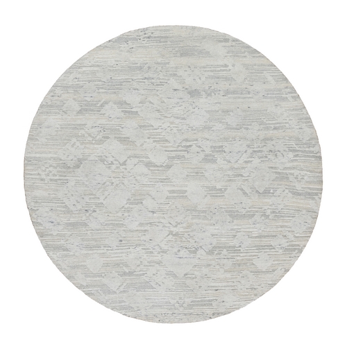 Platinum Gray, Cut and Loop Pile, Hand Spun, Modern, Undyed Natural Wool, Hand Knotted, Round, Oriental Rug