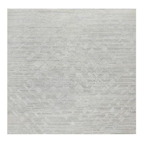 Platinum Gray, Hand Knotted, Modern Design, Hand Spun, Undyed Natural Wool, Cut and Loop Pile, Square, Oriental Rug