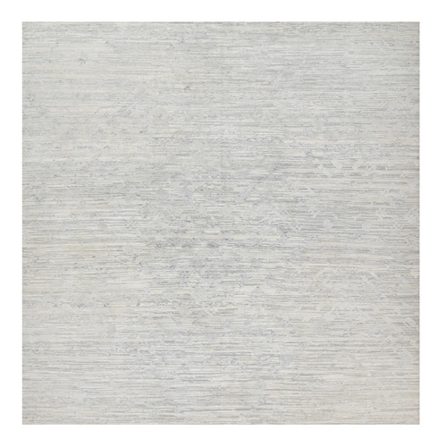 Platinum Gray, Modern Design, Hand Spun, Undyed Natural Wool, Cut and Loop Pile, Hand Knotted, Square, Oriental Rug