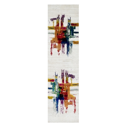 Jet Stream White, Colorful Modern Abstract Motifs Design With Painter's Brush Strokes, Hand Knotted, Wool and Sari Silk, Runner Oriental 