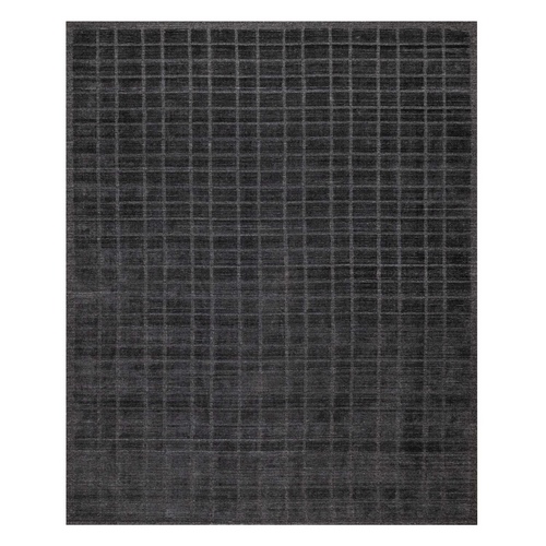 Charcoal Black, Modern Grid Pattern, Hand Loomed, Thick and Plush, Pure Wool, Oriental 