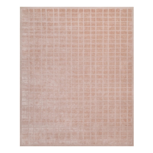 Blush Pink, Soft Pile, Modern Grid Pattern, Hand Loomed, Pure Wool, Oriental 