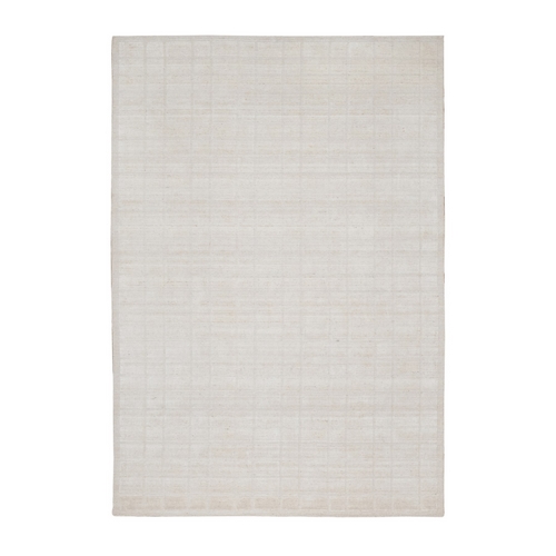 Seashell Ivory, Modern Grid Pattern, Hand Loomed, Pure Wool, Thick and Plush, Oriental 