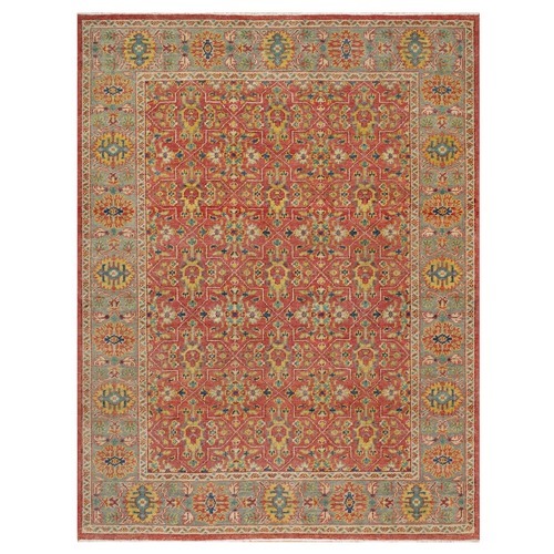 Rythmic Red With Desaturated Green, Antiqued Oushak Reimagined, Sheared Low, 100% Wool, Hand Knotted Repetitive Star and Rosette Design Oriental Rug