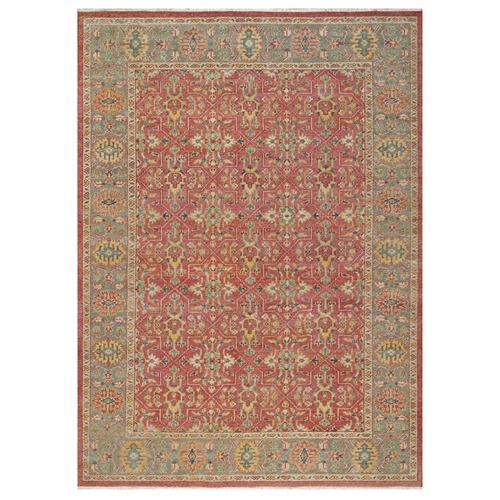 Emboldened Red With Green Border,  Hand Knotted Antiqued Oushak Reimagined With Repetitive Star and Rosette Design, Natural Wool, Sheared Low, Oriental Rug