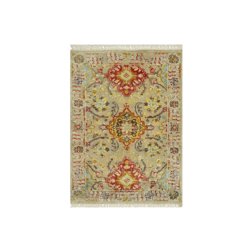 Macaroon Beige, Hand Knotted, Soft to Touch, Wool and Pure Silk, The Sunset Rosettes with Vibrant Colors, Oriental Rug