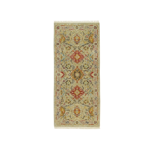 Dandelion Beige, Hand Knotted, Soft to Touch, The Sunset Rosettes, Vibrant Colors, Wool and Pure Silk, Runner Oriental Rug