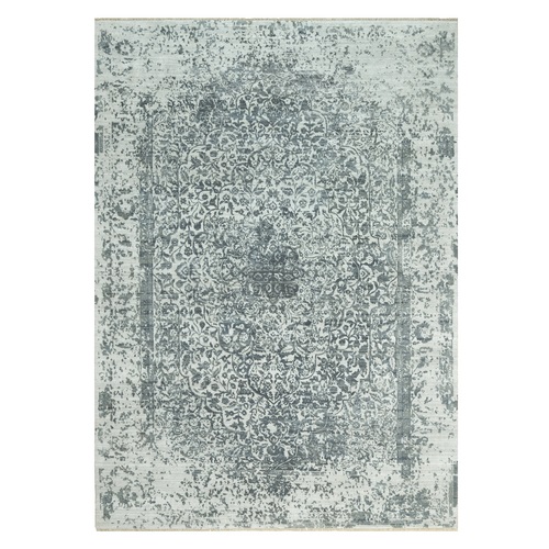 Stonington Gray, Hand Knotted Persian Broken and Erased Design, Wool and Silk, Tone On Tone Oriental Rug