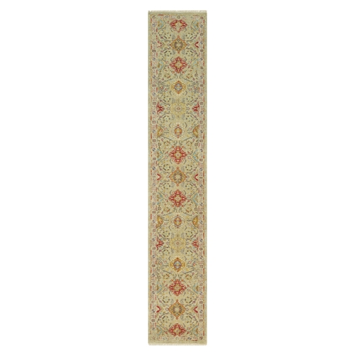 Breezy Beige, Hand Knotted Soft Shiny Wool, The Sunset Rosettes,  Vibrant Colors, Wool and Pure Silk, Runner Oriental Rug