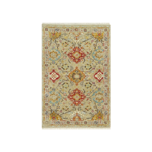 Sugar Cookie Beige, Hand Knotted, The Sunset Rosettes with Soft Colors, Wool and Pure Silk, Oriental Rug
