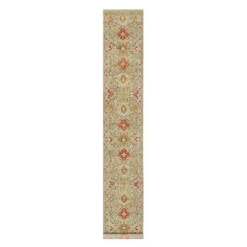 Egg Nog Beige, Hand Knotted, Soft to Touch, Wool and Pure Silk, The Sunset Rosettes with Vibrant Colors, Runner Oriental Rug