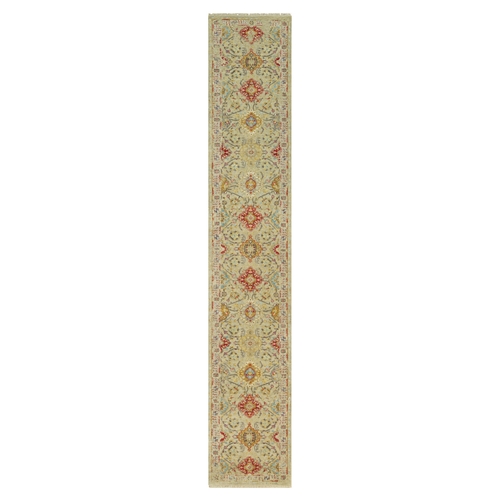 Khakhi Beige, The Sunset Rosettes, Hand Knotted, Vibrant Colors with Soft to Touch, Wool and Pure Silk, Runner Oriental Rug