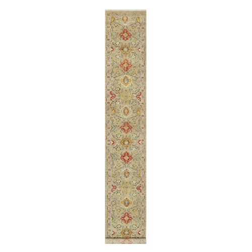Candlelit Beige, Hand Knotted, The Sunset Rosettes with Soft Shiny Wool and Vibrant Colors, Wool and Pure Silk, Runner Oriental Rug