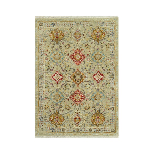 Macaroon Beige, Soft to Touch, Wool and Pure Silk, Hand Knotted,  The Sunset Rosettes with Vibrant Colors, Oriental Rug