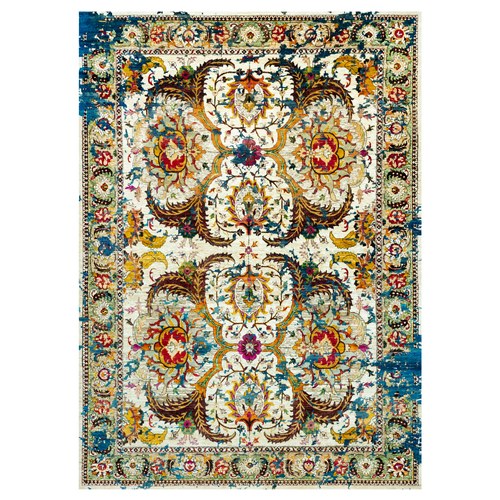 Glacier White With Pop Of Colors, Hand Knotted, Broken Persian Design with Pop of Colors, Wool and Pure Silk, Soft to Touch, Oriental Rug