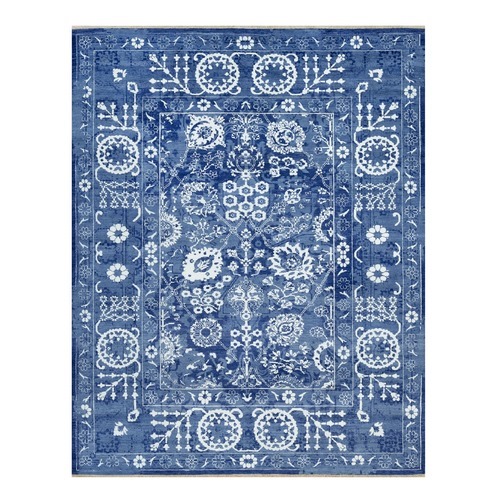 Downpour Blue, Wool and Silk, Hand Knotted Tabriz with All Over Leaf Pattern, Tone on Tone, Oriental Rug
