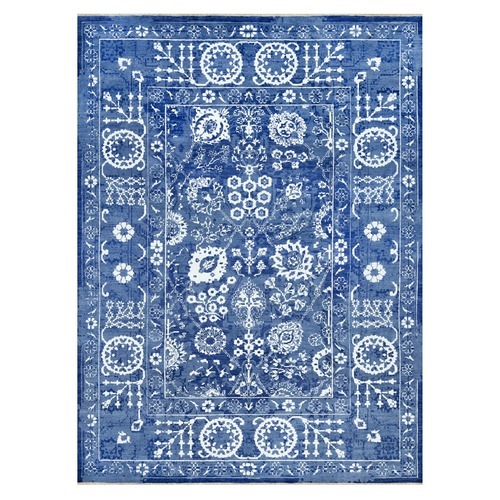 Celestial Blue, Hand Knotted Wool and Silk, Tone on Tone, Tabriz with All Over Leaf Design, Oriental Rug