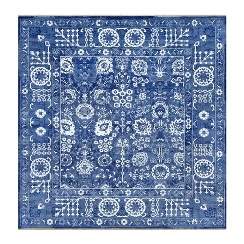 Kensington Blue, Hand Knotted, Tone on Tone, Tabriz with All Over Leaf Motifs, Wool and Silk, Oriental, Square Rug