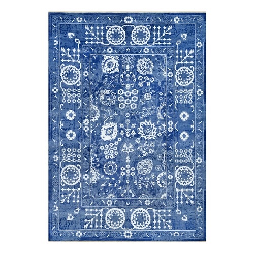 Grotto Blue, Tone on Tone, Hand Knotted Tabriz with All Over Leaf Pattern, Wool and Silk, Oriental Rug