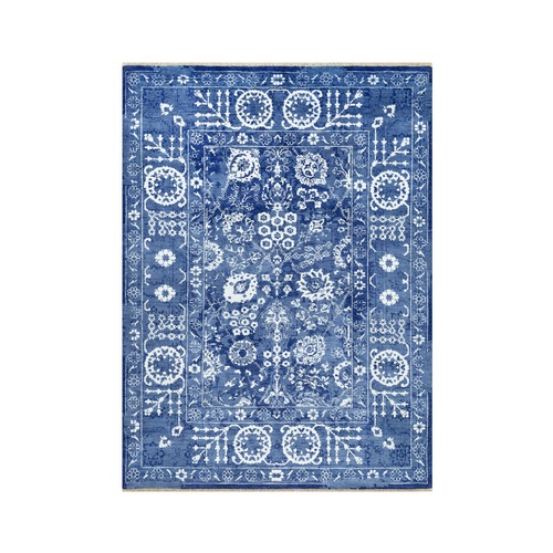Revel Blue, Tone on Tone, Hand Knotted Borderless Tabriz All Over Leaf Design, Wool and Silk, Oriental 