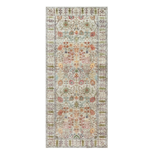 Eggnog White, Silk With Textured Wool, Soft and Plush, Hand Knotted, Denser Weave, Directional Vase Design, Wide Runner Oriental Rug 