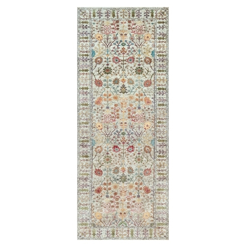 Jet Stream White, Denser Weave, Hand Knotted Directional Vase Design, Silk With Textured Wool, Soft and Plush, Oriental Wide Runner Rug 