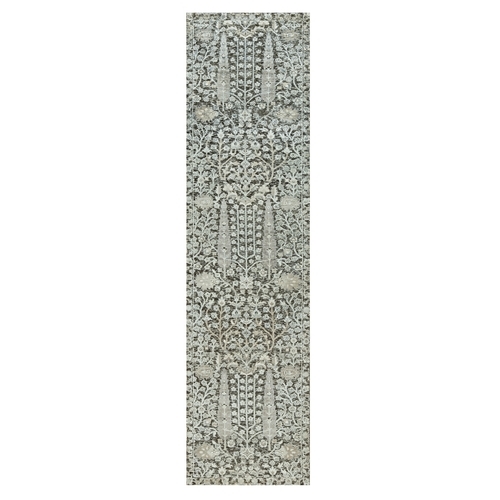 Gauntlet Gray, Hand Knotted Silk With Textured Wool, Willow And Cypress Tree Design, Oriental Runner Rug