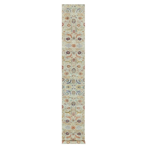 Wimborne White, Densely Woven, Soft and Plush Pile, Hand Knotted With Sickle Leaf Design, Silk With Textured Wool, Oriental XL Runner 
