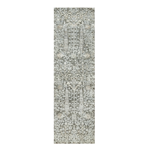 Peppercorn Gray, Hand Knotted Borderless, Silk With Textured Wool, Willow And Cypress Tree Design, Oriental Runner Rug