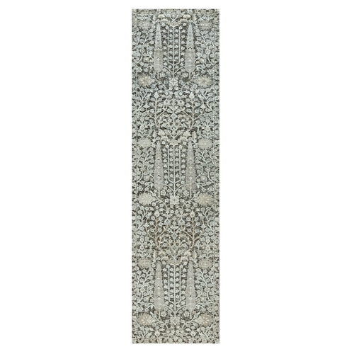 Dovetail Gray, Hand Knotted Willow And Cypress Tree Design, Silk With Textured Wool, Oriental Runner Rug