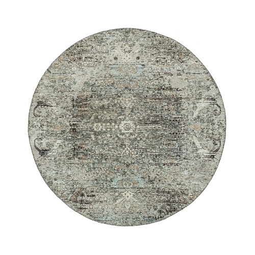 Downpipe Gray, Hand Knotted Silk with Textured Wool, Transitional Persian Influence Erased Medallion Design, Round Oriental Rug