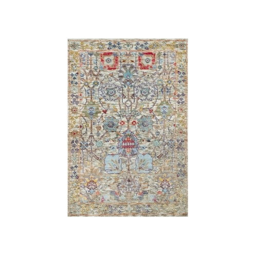Ivory Lace, Tabriz Vase With Flower Design, Hand Knotted Colorful Silk With Textured Wool, Denser Weave, Plush and Lush Soft Pile, Oriental Mat Rug