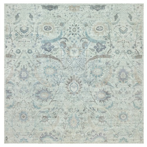 Pacer White, Sickle Leaf Design, Silk With Textured Wool, Denser Weave, Hand Knotted, Soft and Lush, Square Oriental Rug