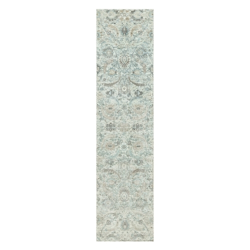 Pristine White, Borderless, Denser Weave Sickle Leaf Design, Lush and Plush Silk With Textured Wool Soft Pile, Hand Knotted, Oriental Runner Rug
