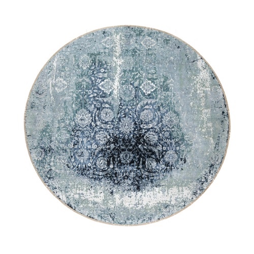 Gray with a Mix of Blue, Broken and Erased Persian Tabriz Design, Wool and Silk, Hand Knotted, Round, Oriental Rug