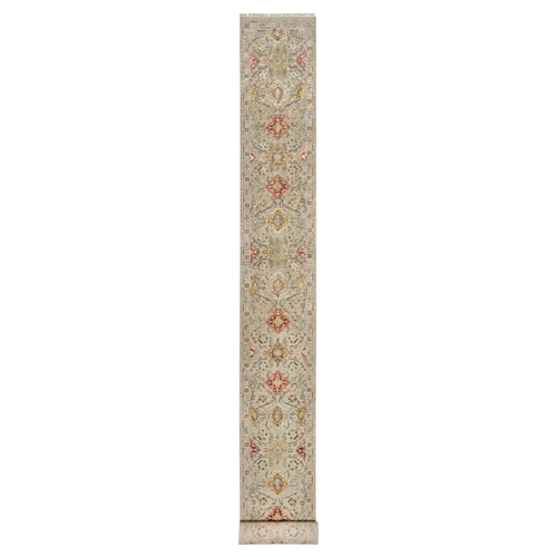 Biscoti Beige, The Sunset Rosettes, Wool and Pure Silk, Hand Knotted, Soft Colors, XL Runner, Oriental Rug