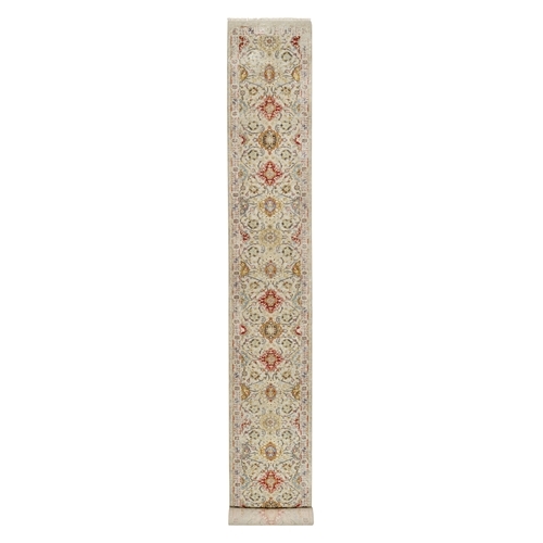Biscoti Beige, Hand Knotted, Soft Colors, The Sunset Rosettes, Wool and Pure Silk, XL Runner, Oriental Rug
