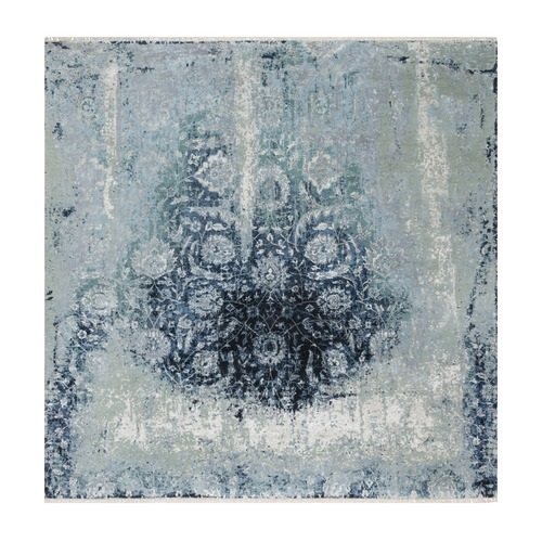 Gray with a Mix of Blue, Wool and Silk, Hand Knotted, Broken and Erased Persian Tabriz Design, Square, Oriental Rug