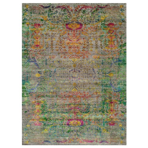 Tarmac Gray, Broken and Erased Persian Colorful Design, Wool and Saree Silk, Hand Knotted Oriental Rug