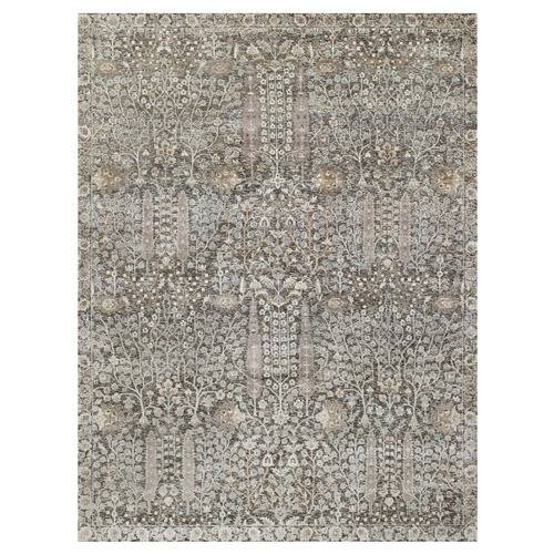 Granite Gray, Hand Knotted, Silk With Textured Wool, Willow And Cypress Tree Design, Oriental Rug