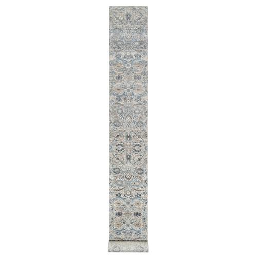 Pristine White, Hand Knotted, Borderless Sickle Leaf Design, Soft Pile Silk With Textured Wool, XL Runner Oriental Rug